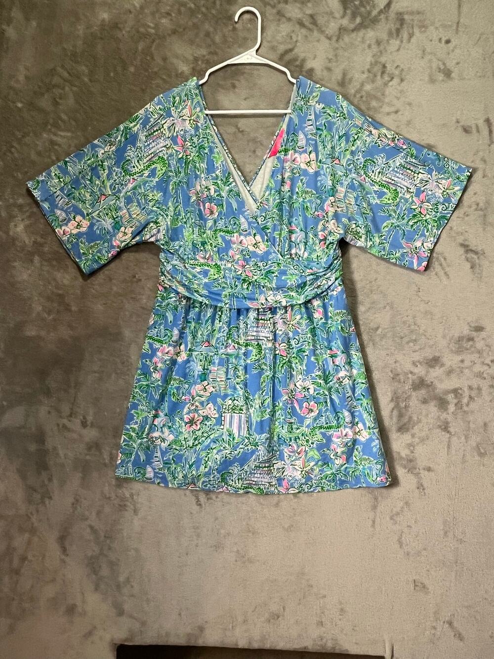 Lilly Pulitzer Parigi Skirted Romper Blue Tropical Floral Kimono Sleeve Size XL